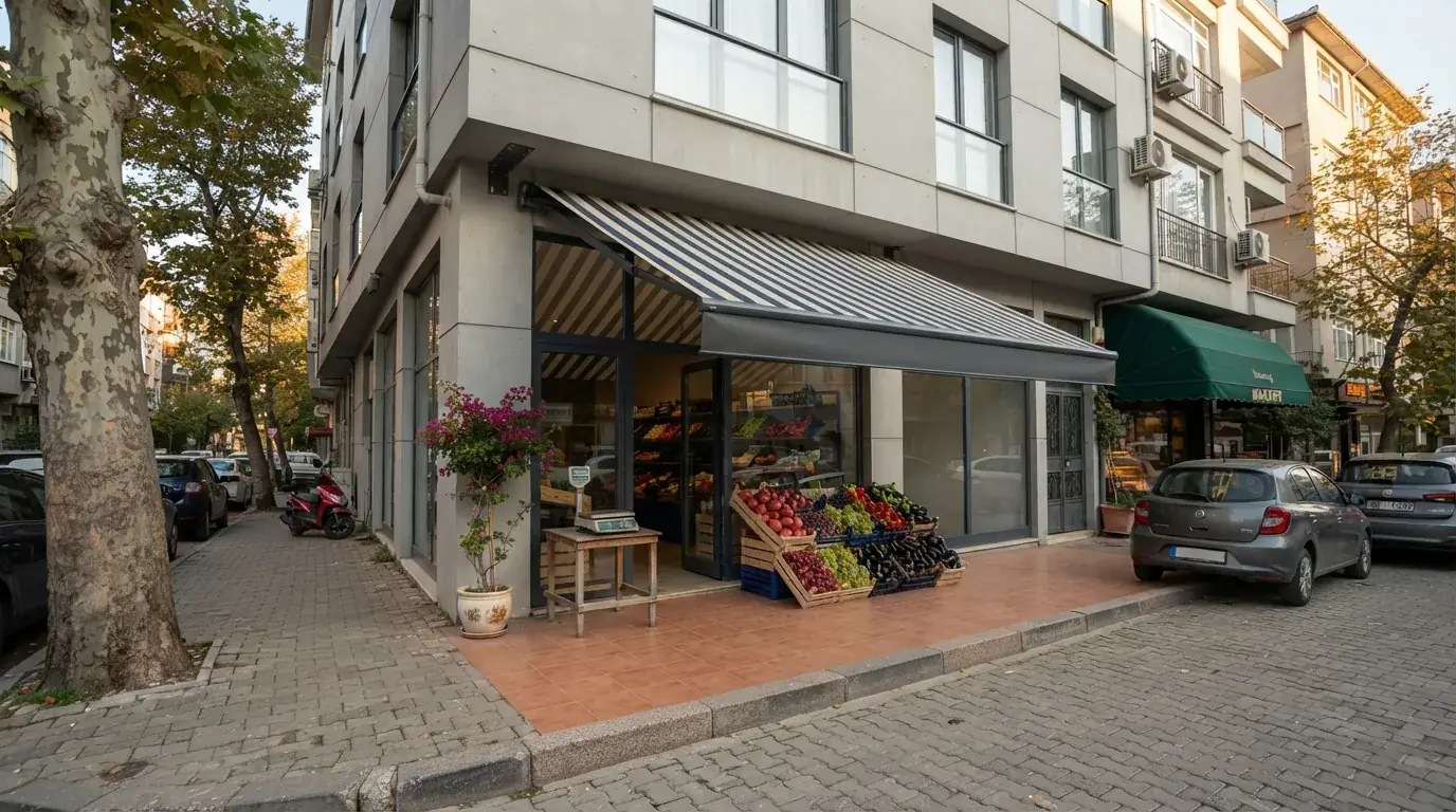 Bornova’da bir kafe terasına uygulanan geniş açıklıklı tente projesi