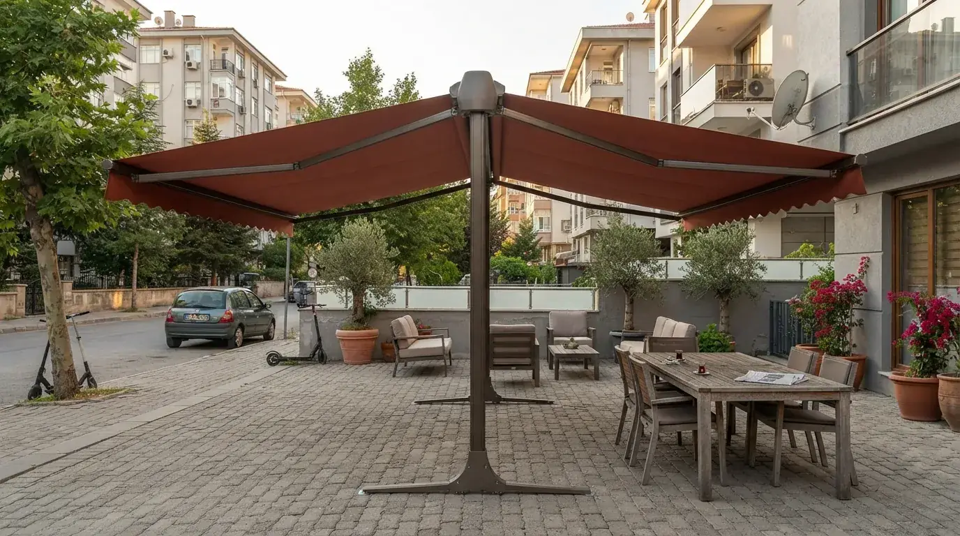 Bornova’da bir sanayi tesisinin idari bina terasındaki tente uygulaması