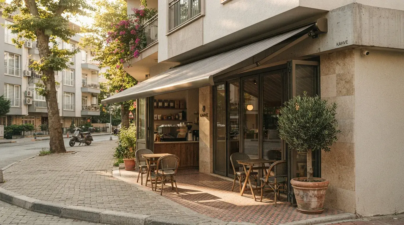 İşletme vitrini önünde kapalı konumdaki kasetli tente kasası
