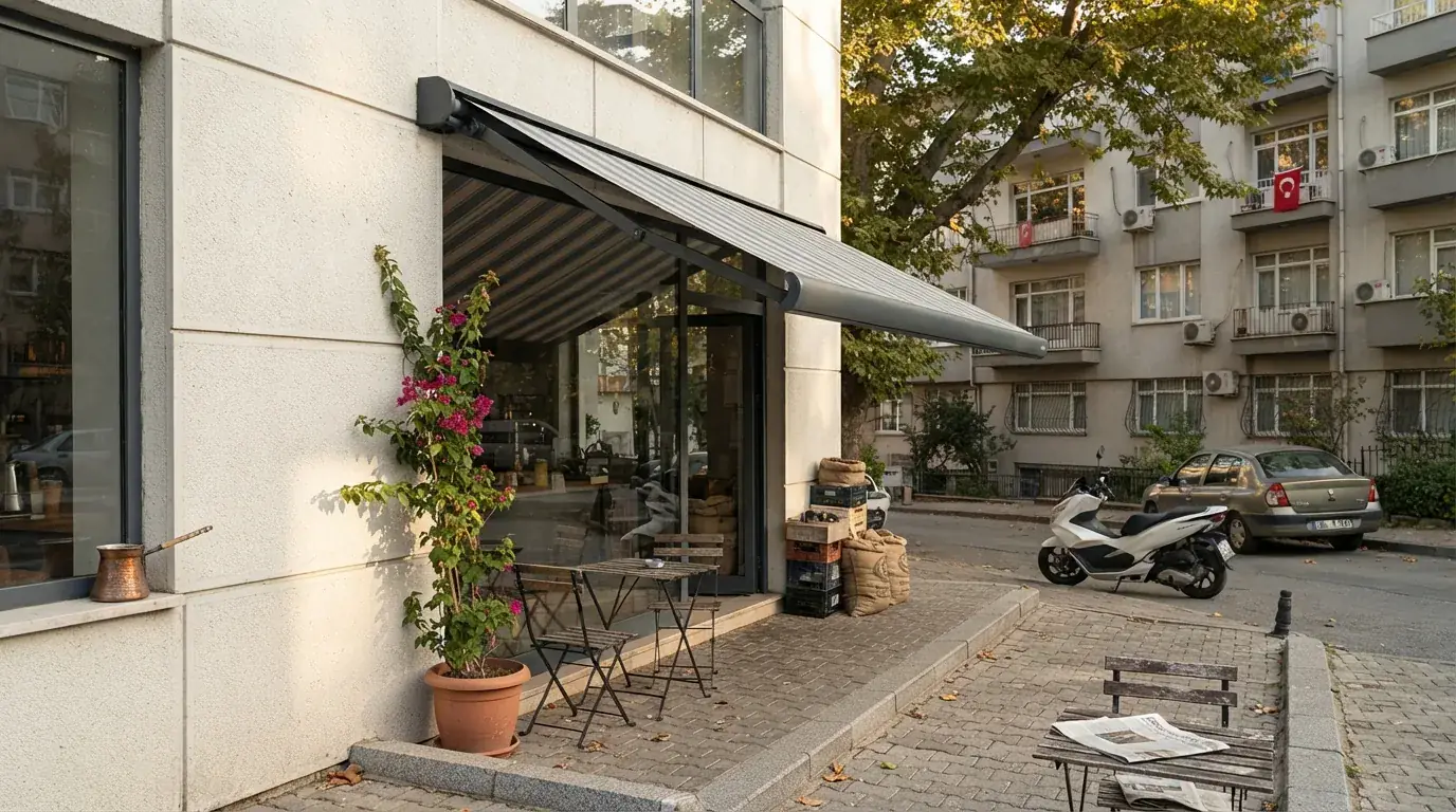 Bornova’da bir apartman balkonunda motorlu kasetli tente uygulaması
