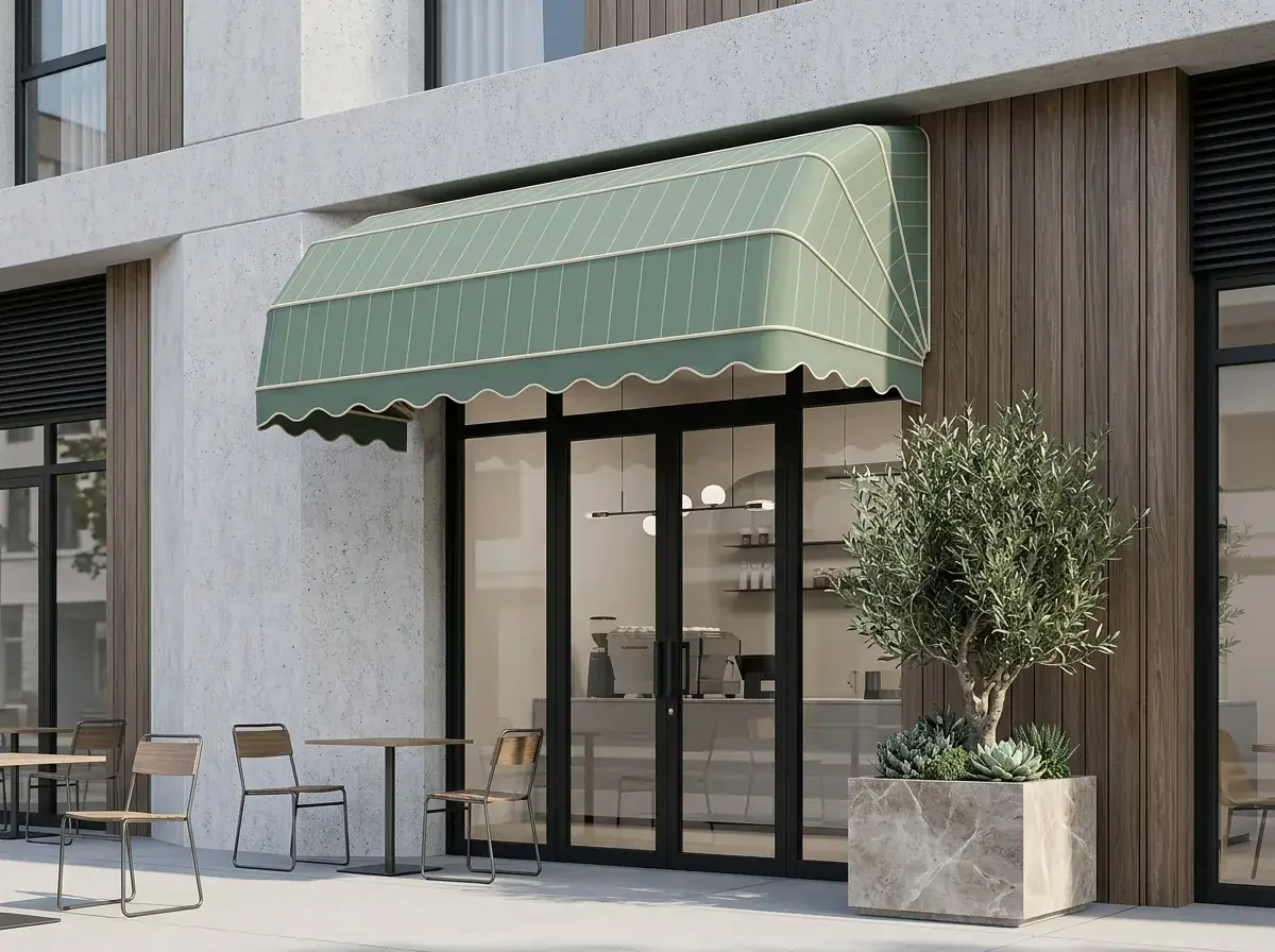 Bir apartman girişinde yağmurdan koruma amaçlı körüklü tente