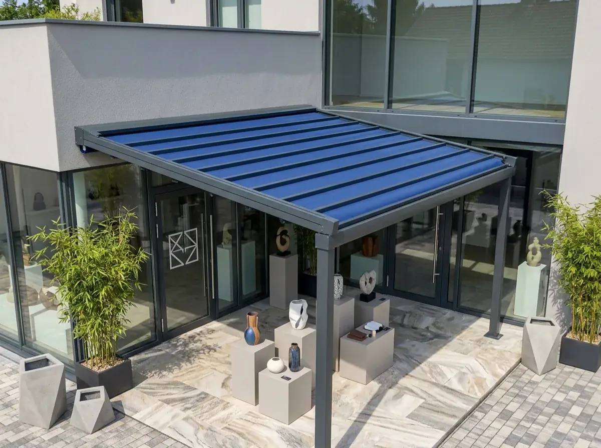 Bahçe oturma alanında motorlu pergola uygulaması