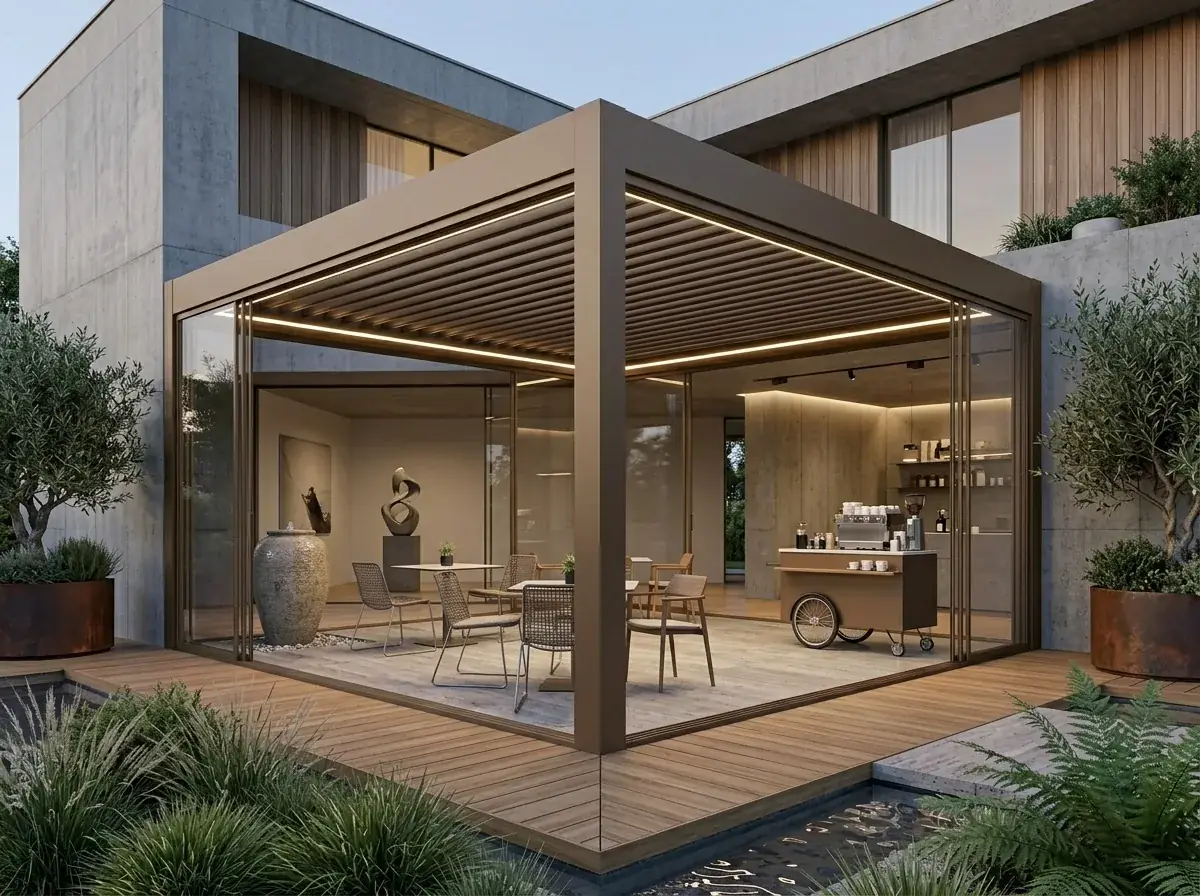 Bornova’da bir işletmenin dış alanında katlanır tavanlı pergola