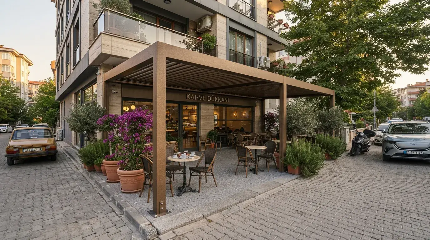 Bornova’da bir işletme terasında rollingroof pergola