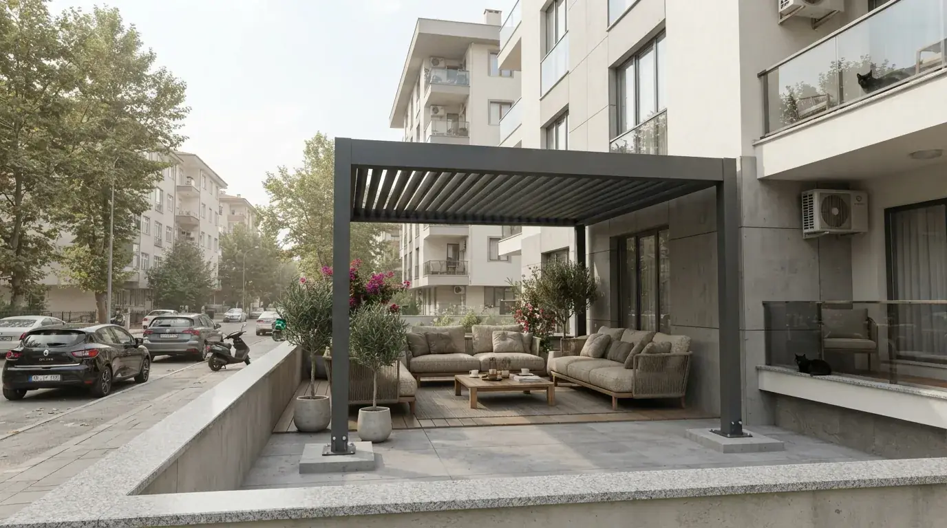 Geniş bir terası boydan boya kapatan rollingroof pergola