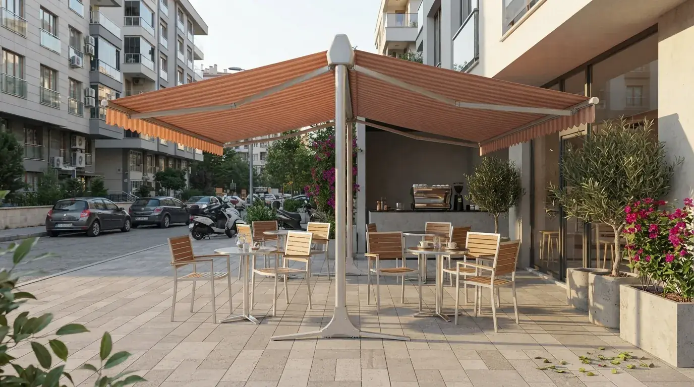 Bornova’da bir işletmenin dış oturma alanını kapatan T model tente