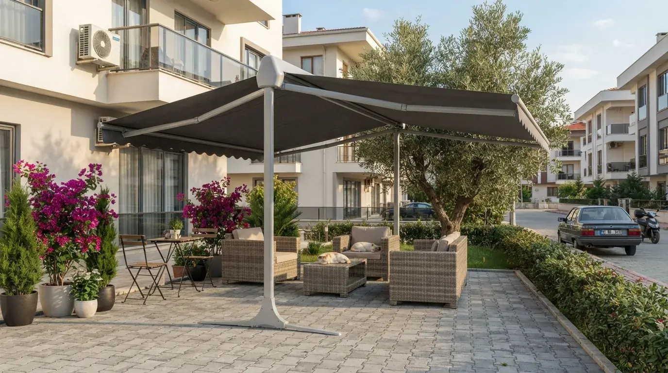 Köşe parselde iki cepheyi birden kapatan T model tente kurgusu