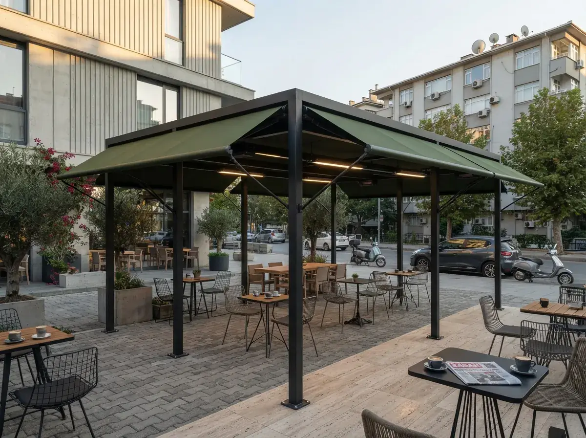 Apartman cephesinde yan yana uygulanmış win tente sistemleri