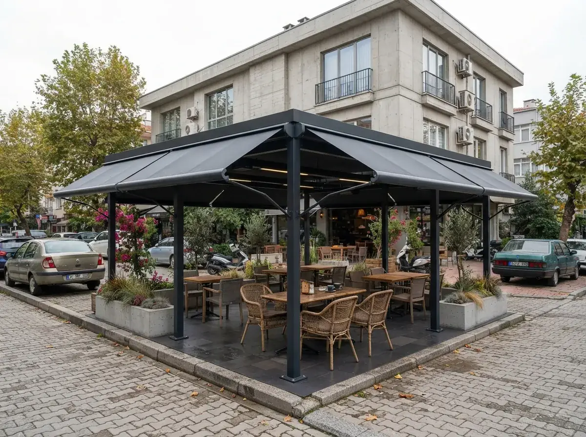 Bir bina girişinde kısa çıkmalı win tente uygulaması