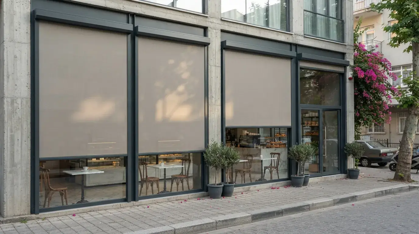 Kazımdirik’te bir ofis terasında güneş kontrolü sağlayan zip perde