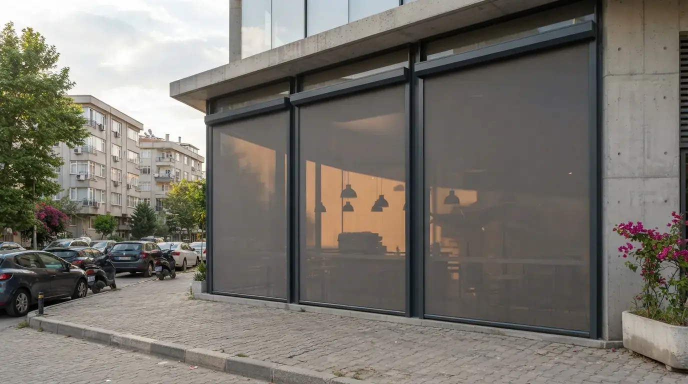 Teras kenarını boydan boya kapatan motorlu zip perde