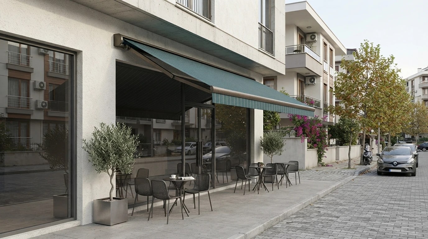 Bornova’da bir kafe cephesine monte edilmiş mafsallı tente ve dış oturma alanı