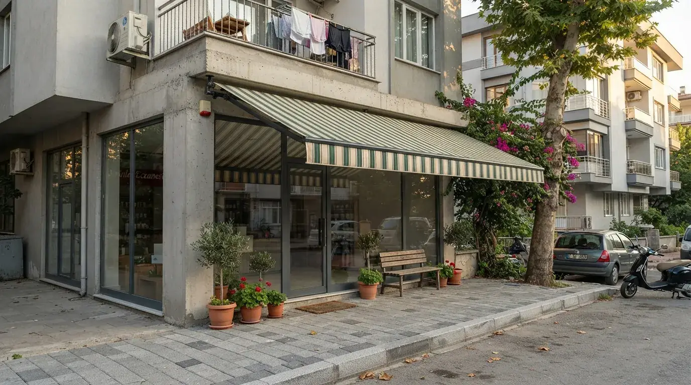 Mafsallı tentenin açık konumdaki kol mekanizması görünümü